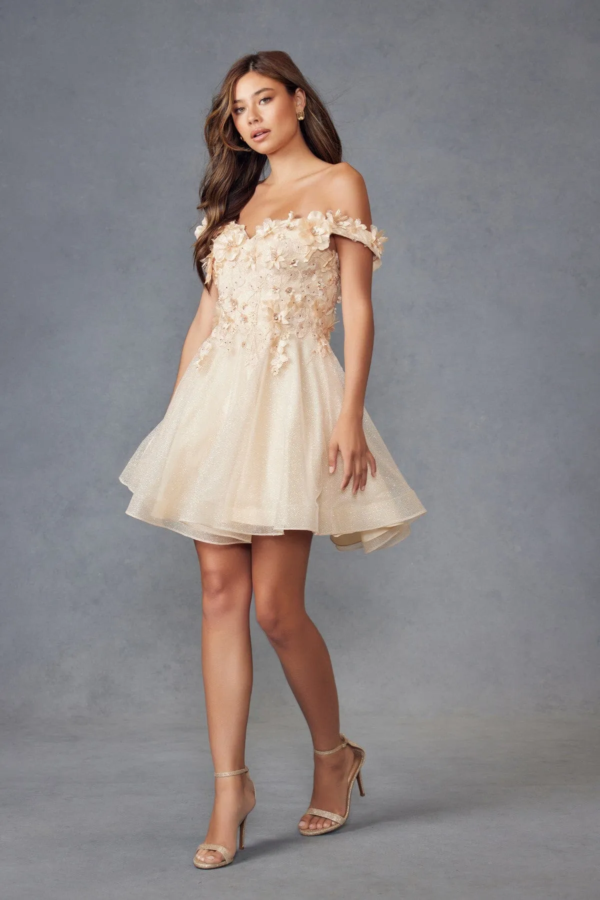 3D Floral Short Off Shoulder Dress by Juliet 861