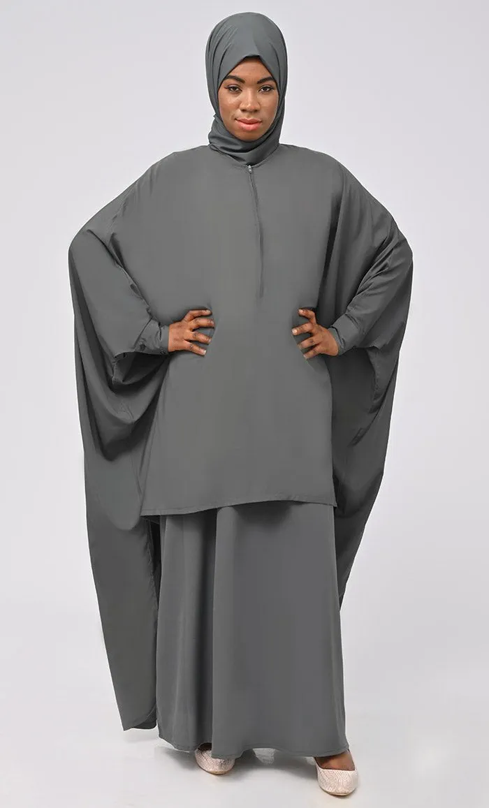 Asr Modest Grey Double Layer Prayer Dress For Women (2Pcset  Hijab )