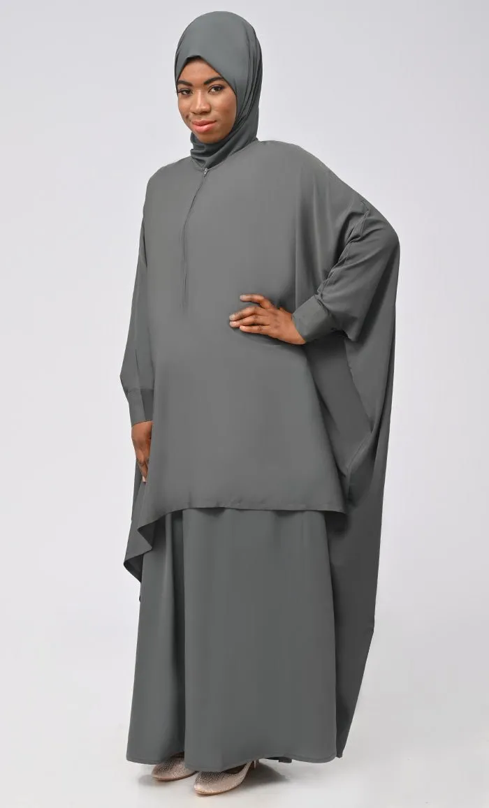 Asr Modest Grey Double Layer Prayer Dress For Women (2Pcset  Hijab )