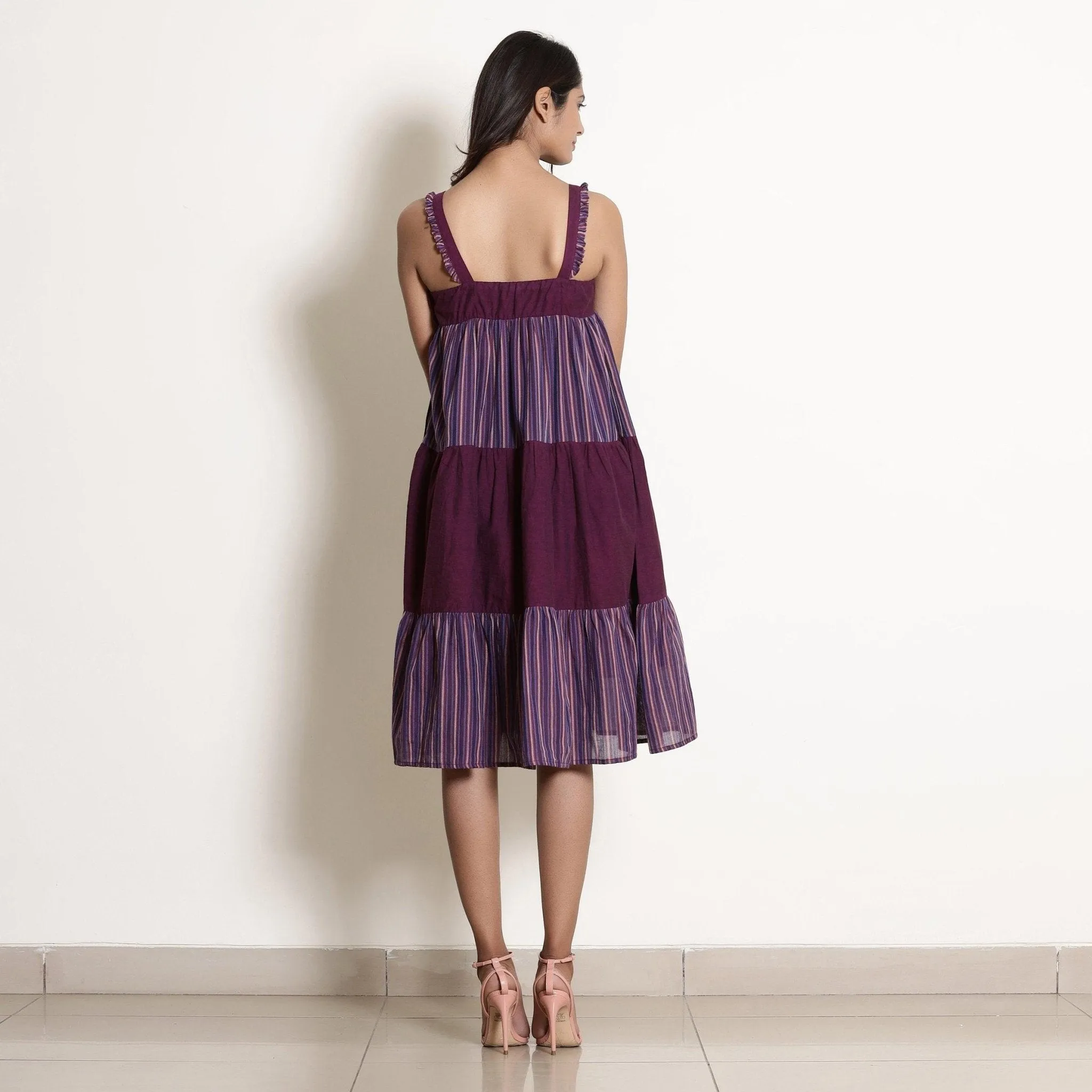 Berry Wine Striped Cotton Knee Length Tier Dress