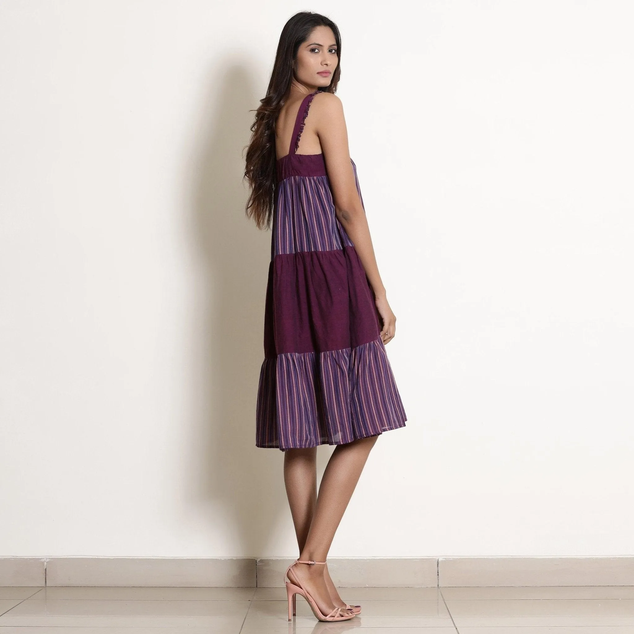 Berry Wine Striped Cotton Knee Length Tier Dress