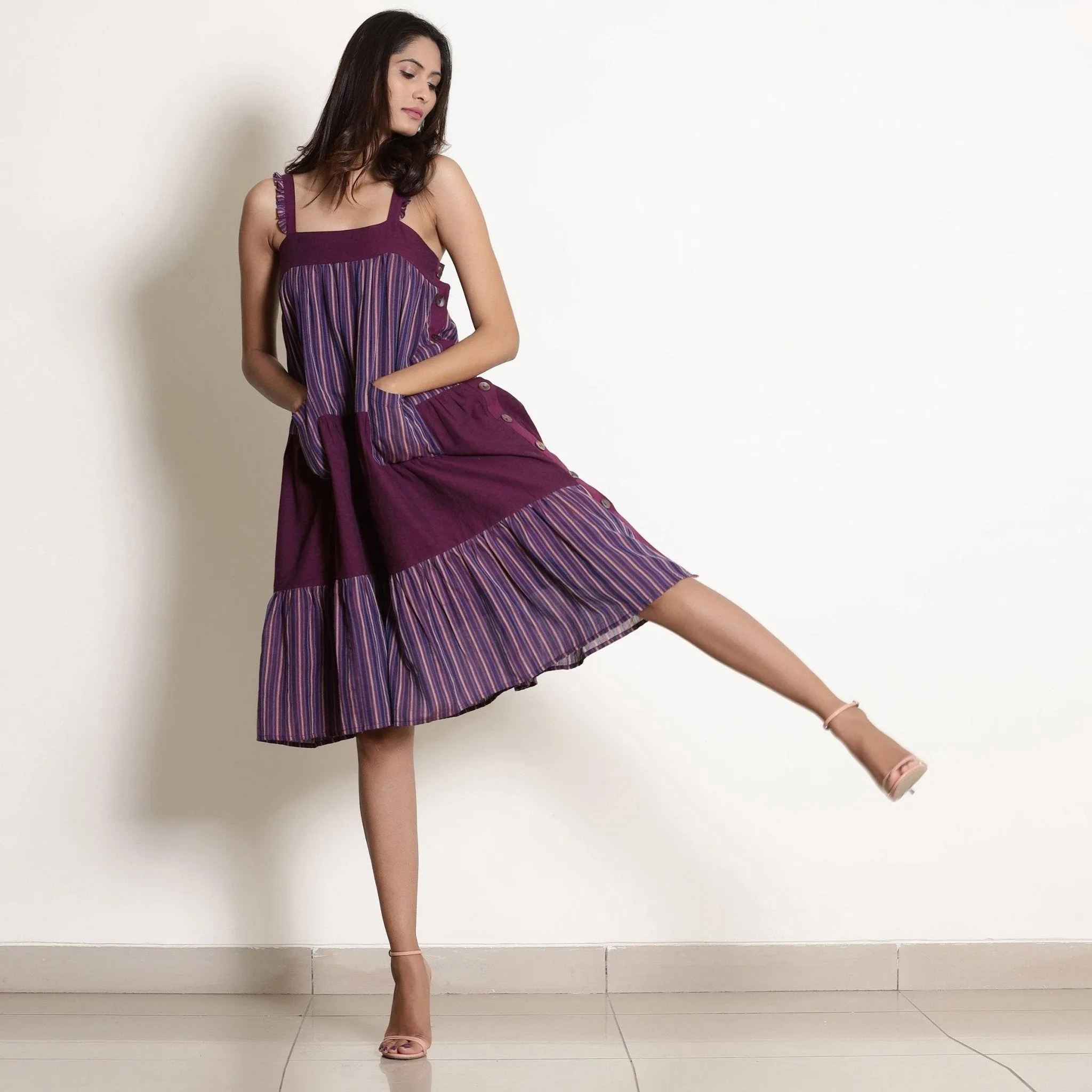 Berry Wine Striped Cotton Knee Length Tier Dress