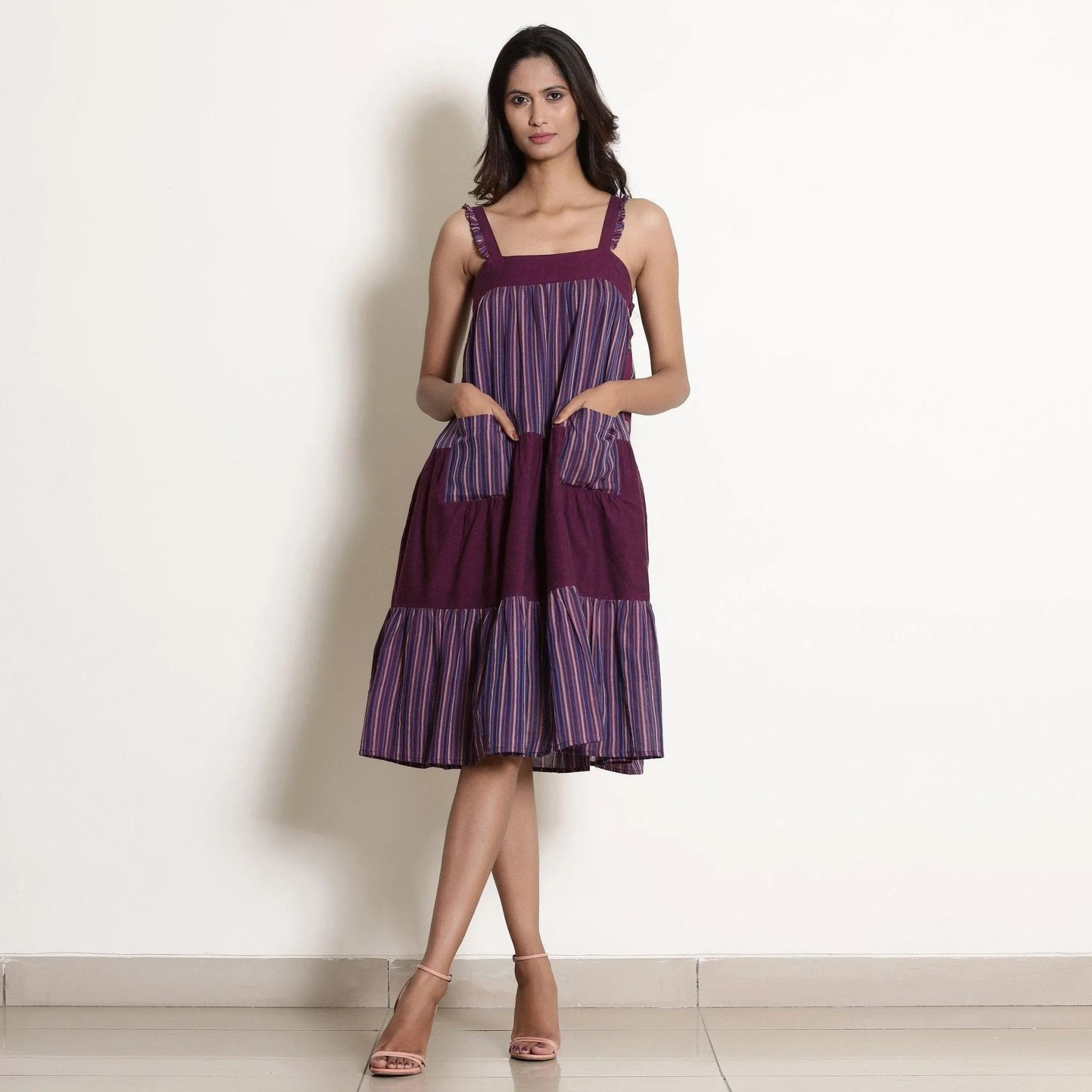 Berry Wine Striped Cotton Knee Length Tier Dress
