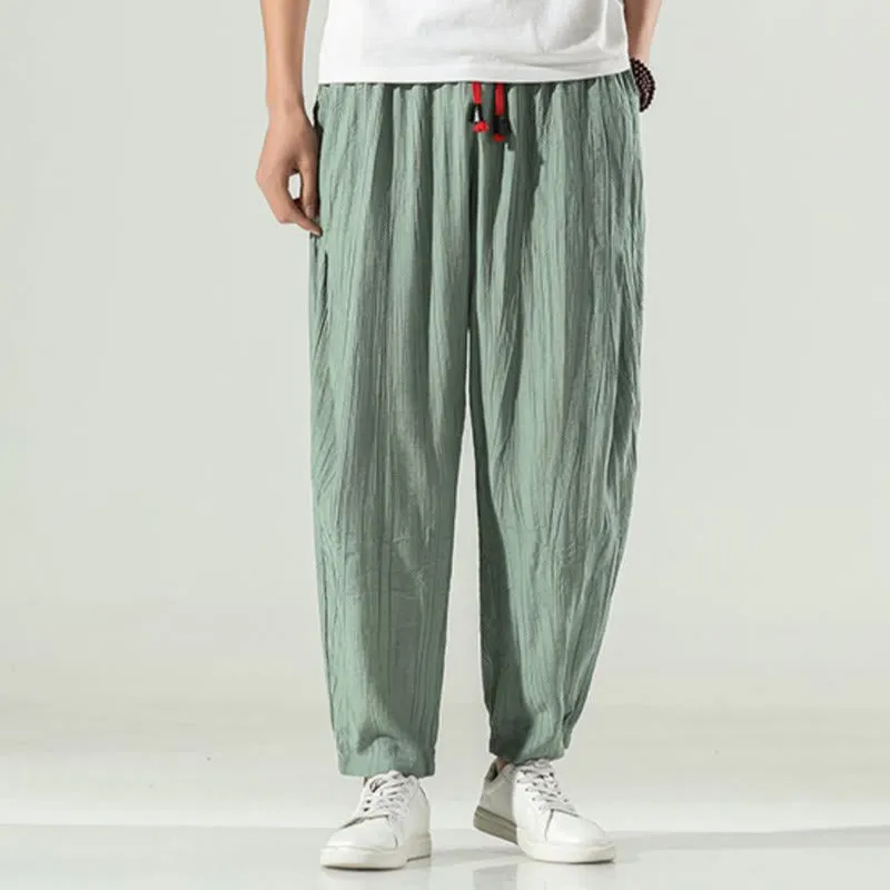 Buddha Stones Cotton Linen Men's Drawstring Harem Pants With Pockets