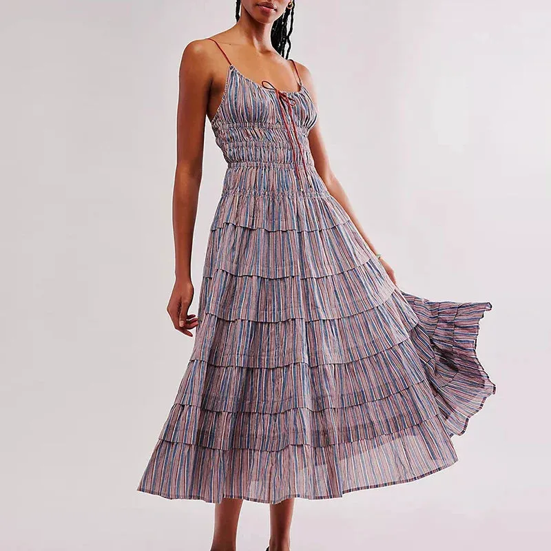 Cake Ruffles Vocation Sexy Colorful Striped Backless Elegant Off Shoulder Floral Summer Dress