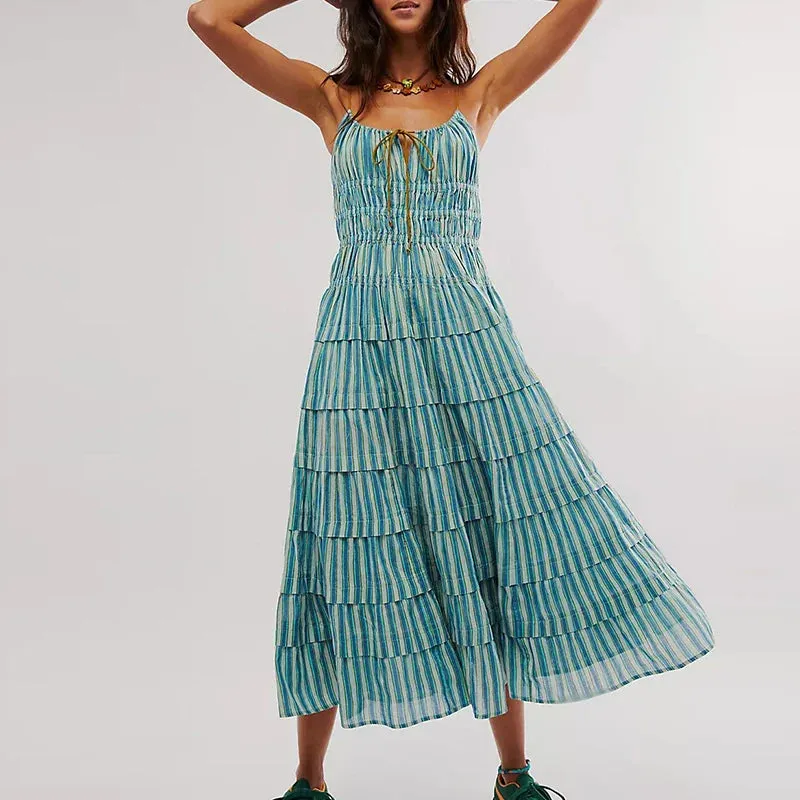 Cake Ruffles Vocation Sexy Colorful Striped Backless Elegant Off Shoulder Floral Summer Dress