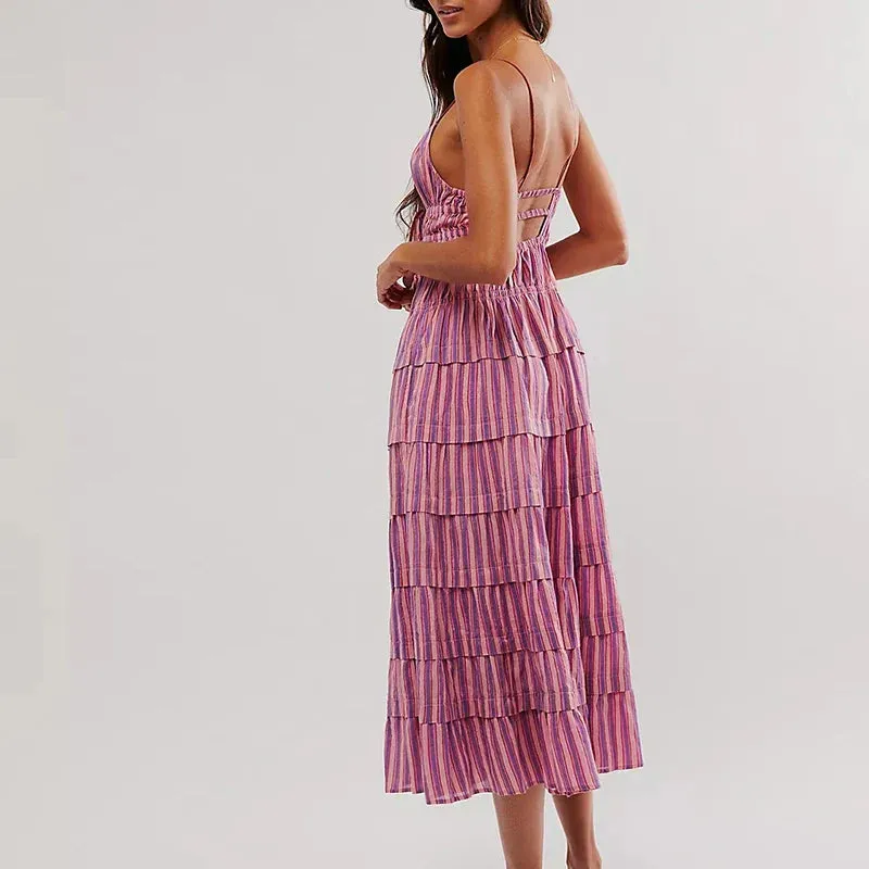 Cake Ruffles Vocation Sexy Colorful Striped Backless Elegant Off Shoulder Floral Summer Dress