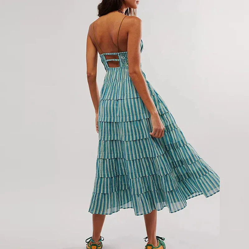 Cake Ruffles Vocation Sexy Colorful Striped Backless Elegant Off Shoulder Floral Summer Dress