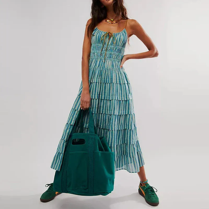 Cake Ruffles Vocation Sexy Colorful Striped Backless Elegant Off Shoulder Floral Summer Dress