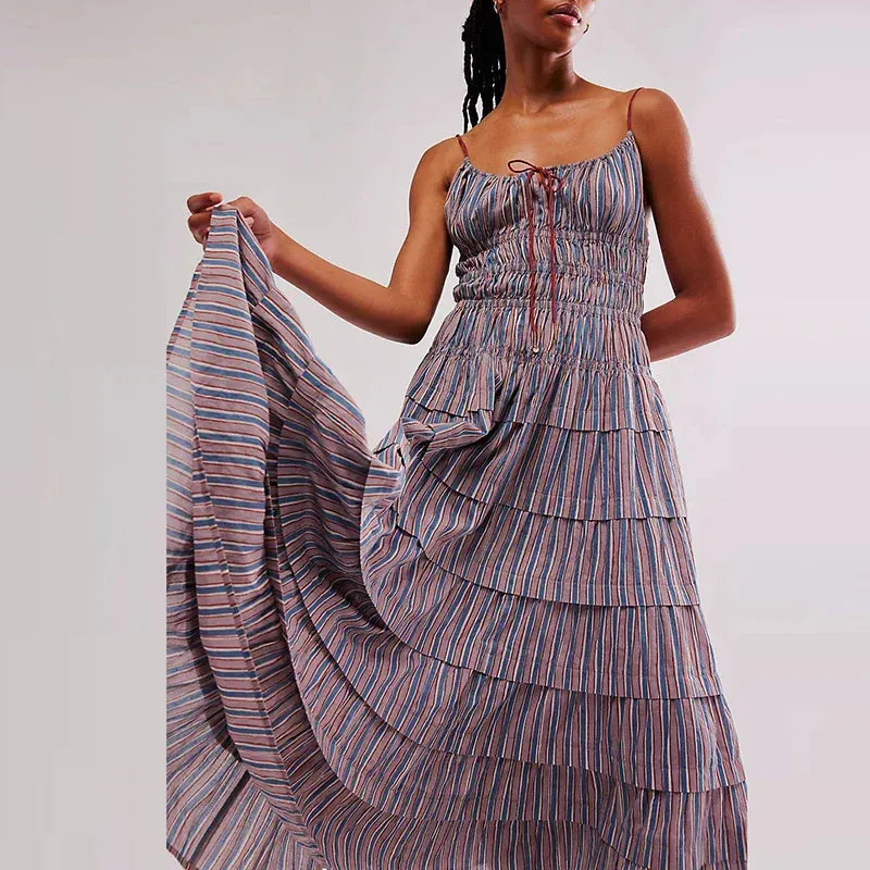 Cake Ruffles Vocation Sexy Colorful Striped Backless Elegant Off Shoulder Floral Summer Dress