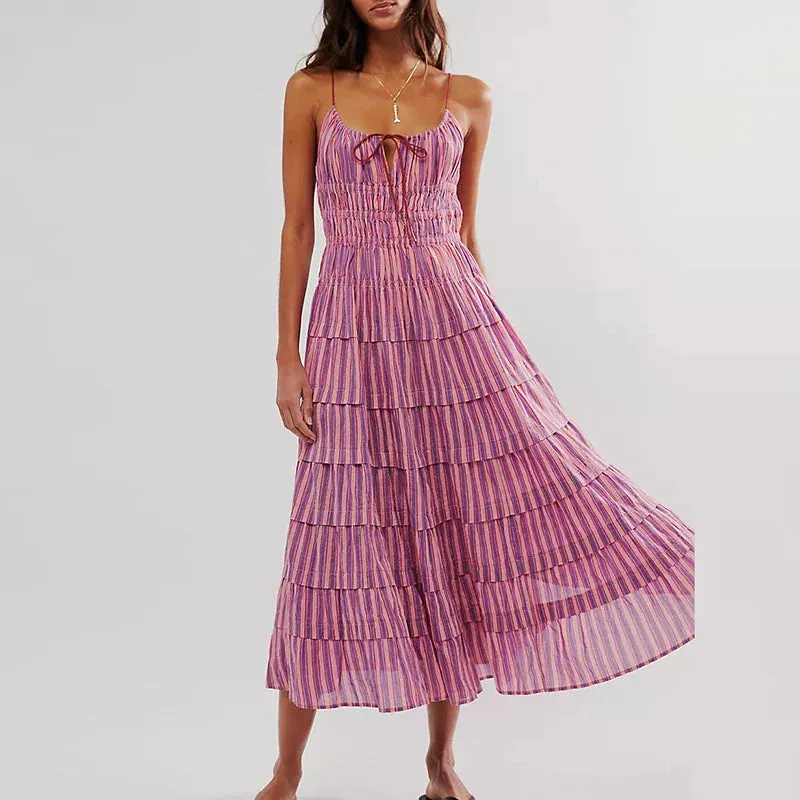 Cake Ruffles Vocation Sexy Colorful Striped Backless Elegant Off Shoulder Floral Summer Dress