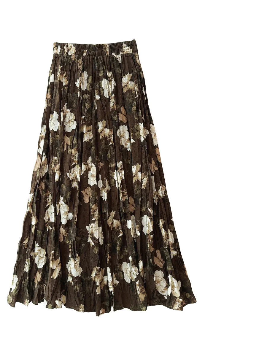 Camellia Retro Pleated Printed Casual Skirt