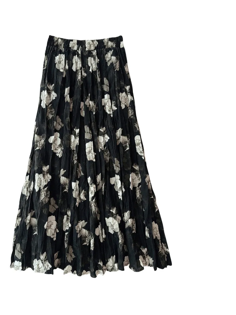 Camellia Retro Pleated Printed Casual Skirt