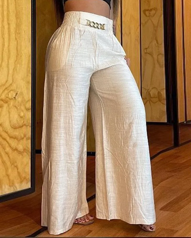 Chain Decor High Waist Wide Leg Pants