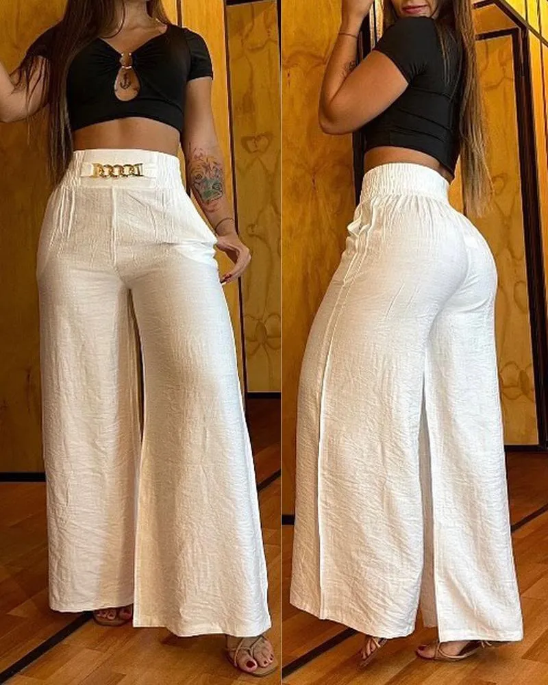 Chain Decor High Waist Wide Leg Pants