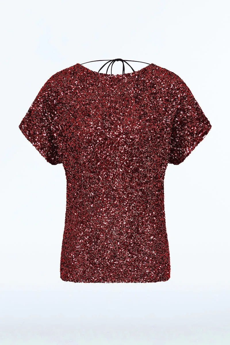 CHERRY CRUSHED SEQUIN DRAPE TOP