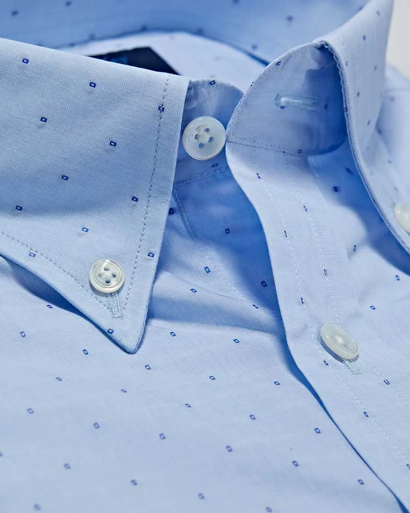 Contemporary Fit, Button Down Collar, 2 Button Cuff Shirt In Light Blue With Small Navy Cubes