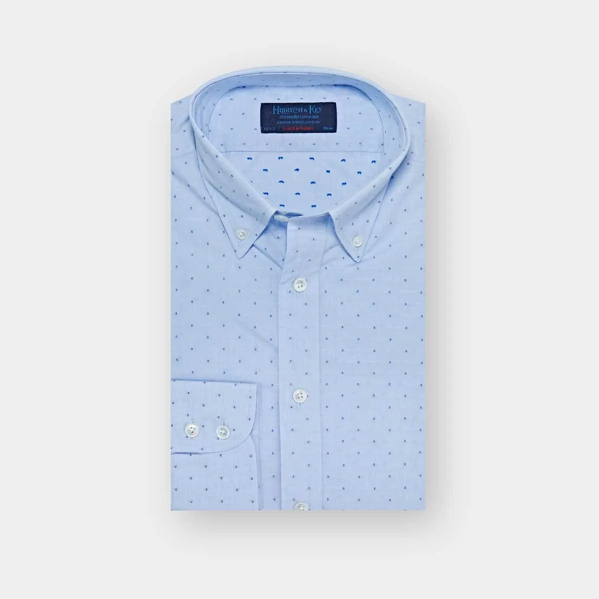 Contemporary Fit, Button Down Collar, 2 Button Cuff Shirt In Light Blue With Small Navy Cubes