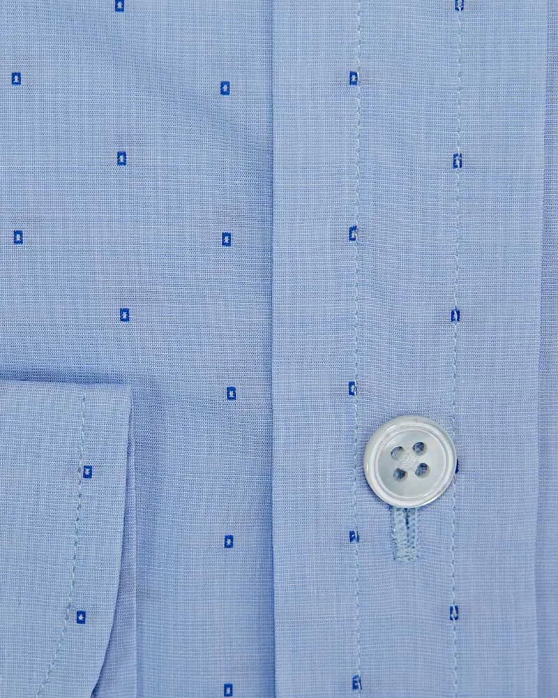 Contemporary Fit, Button Down Collar, 2 Button Cuff Shirt In Light Blue With Small Navy Cubes