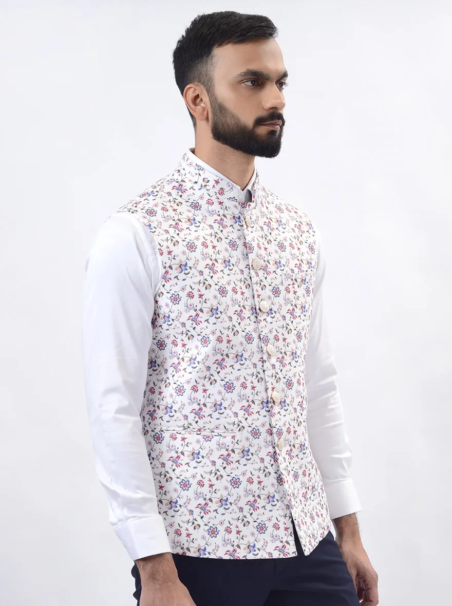 Cream Printed Regular Fit Bandhgala Jacket | Greenfibre