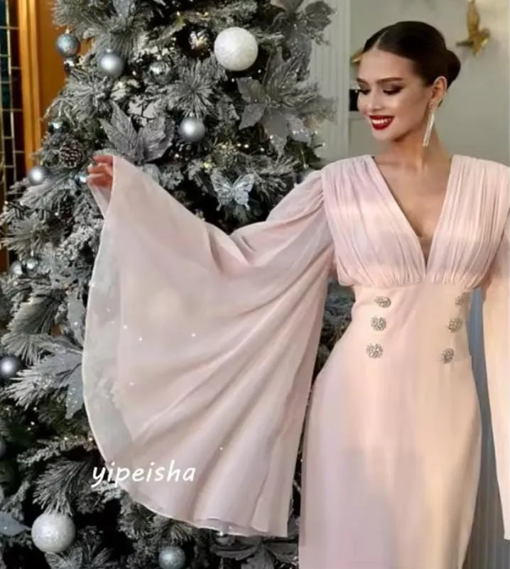 Customized Exquisite Elegant V-neck A-line Beading Draped Anke Length Skirts Charmeuse Evening Dresses   S2971456