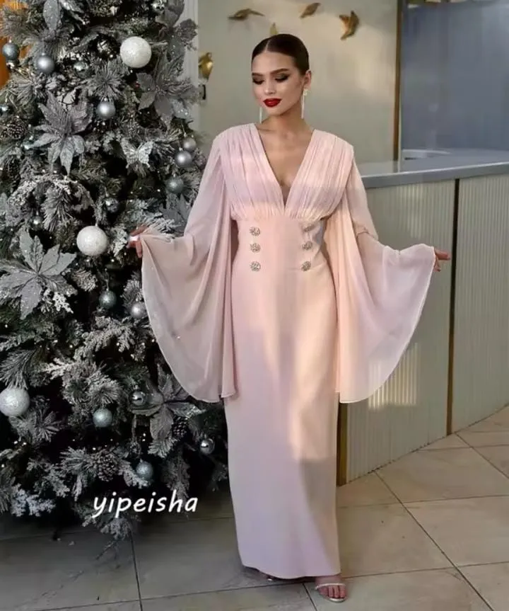 Customized Exquisite Elegant V-neck A-line Beading Draped Anke Length Skirts Charmeuse Evening Dresses   S2971456