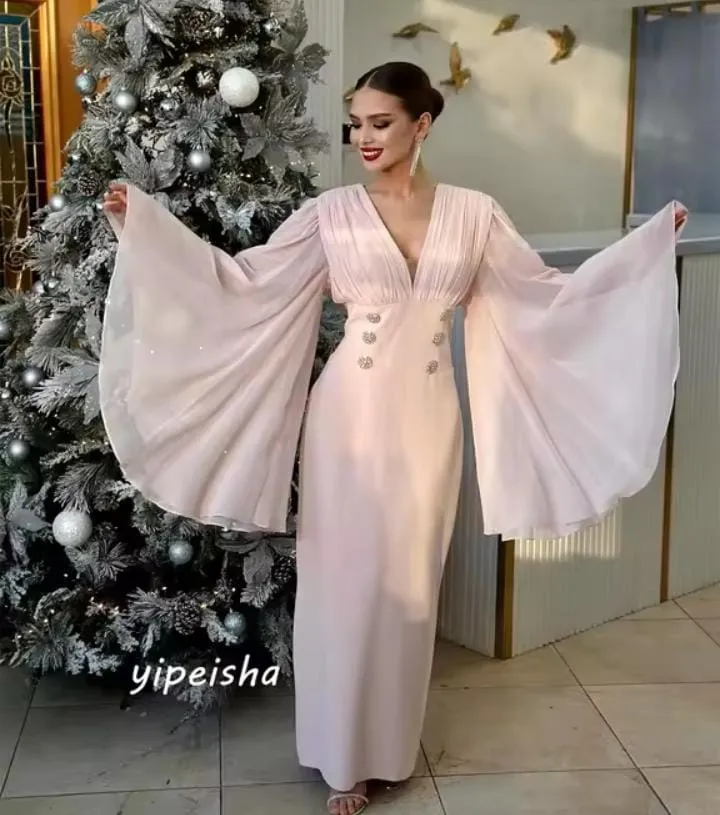 Customized Exquisite Elegant V-neck A-line Beading Draped Anke Length Skirts Charmeuse Evening Dresses   S2971456