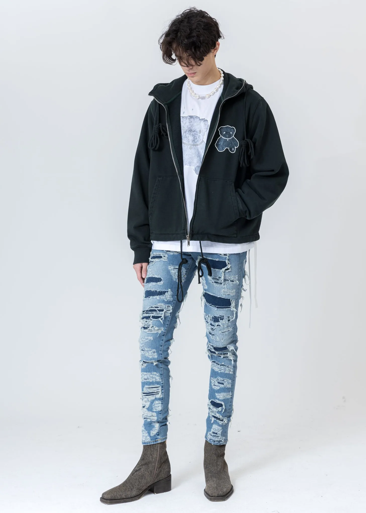 Dark Green Pearl Necklace Teddy Zip-Up Hoodie (Reflect)