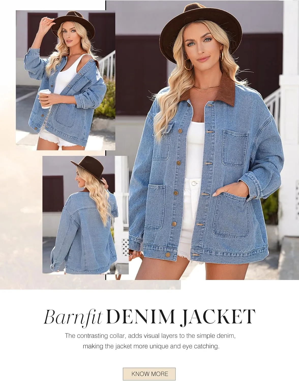 Dokotoo Women's Denim Jacket Oversized Contrast Collar Jean Jackets 2025 Spring Outfits Vintage Long Sleeve Shirts