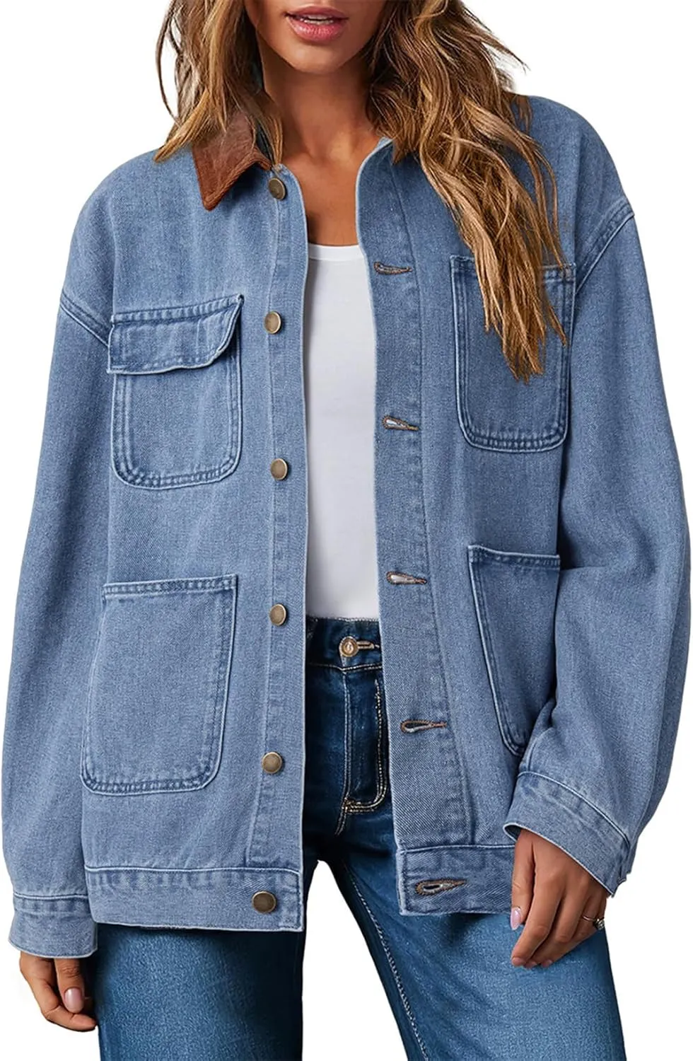 Dokotoo Women's Denim Jacket Oversized Contrast Collar Jean Jackets 2025 Spring Outfits Vintage Long Sleeve Shirts