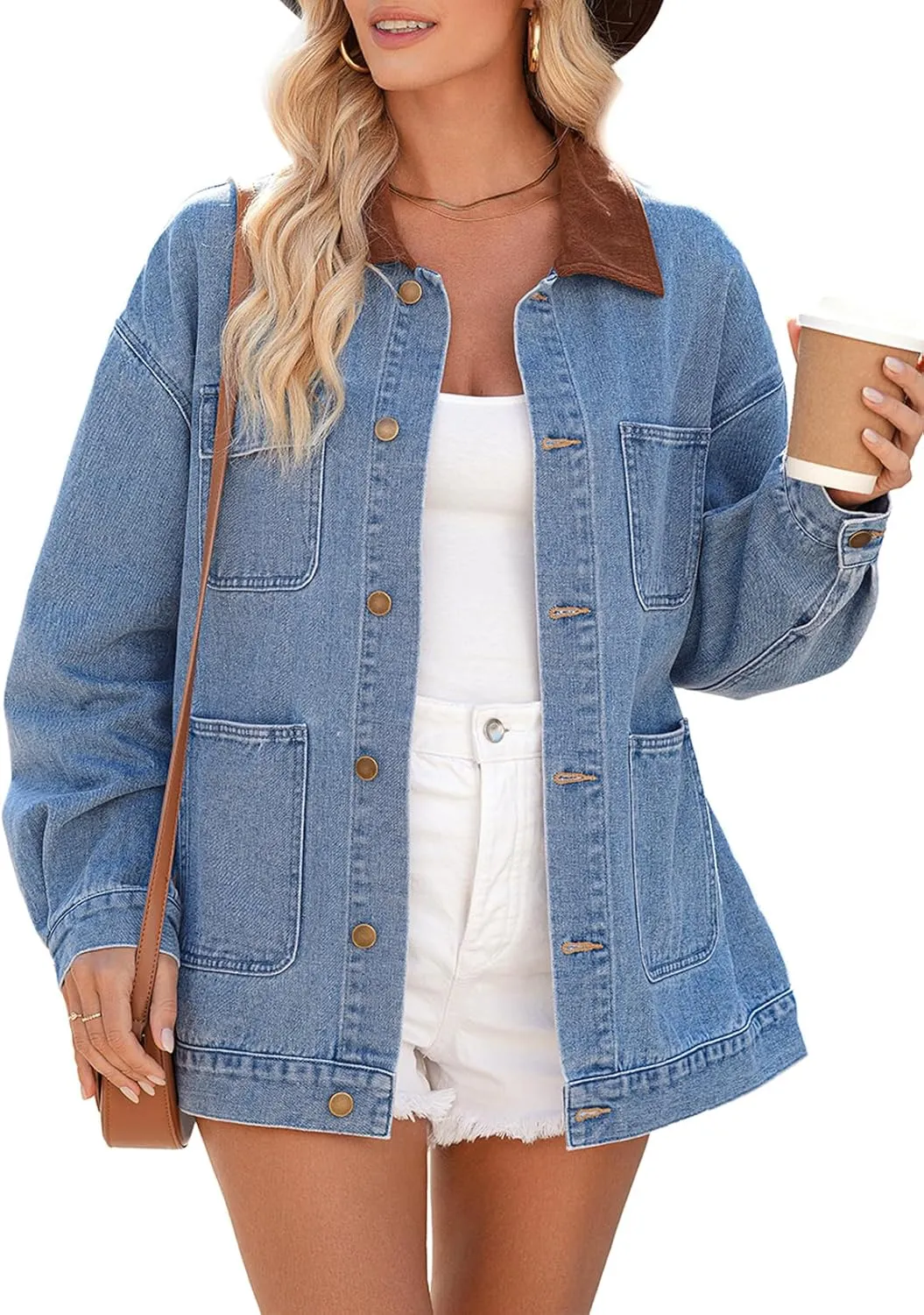 Dokotoo Women's Denim Jacket Oversized Contrast Collar Jean Jackets 2025 Spring Outfits Vintage Long Sleeve Shirts