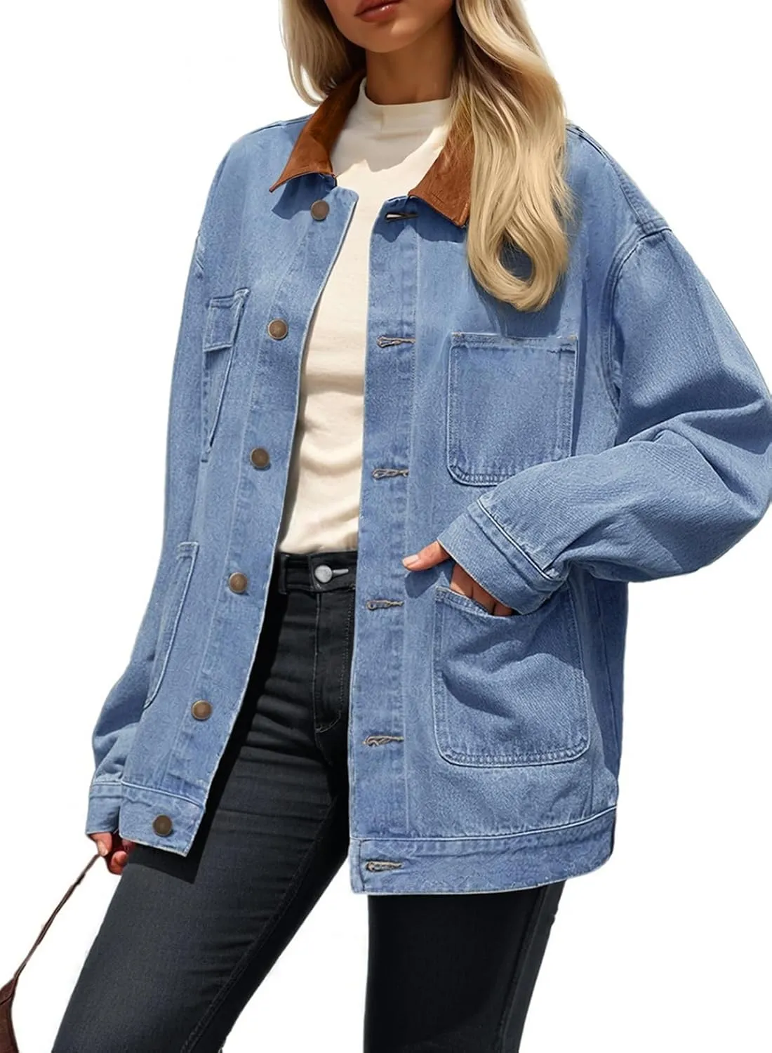 Dokotoo Women's Denim Jacket Oversized Contrast Collar Jean Jackets 2025 Spring Outfits Vintage Long Sleeve Shirts