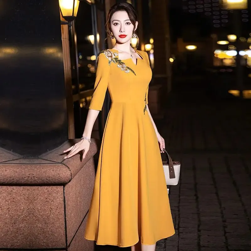 Elegant Embroidery Solid Dresses Vintage Reunion Women's Clothing Graphic Square Collar Spring Summer Thin Knee Skirts Skinny