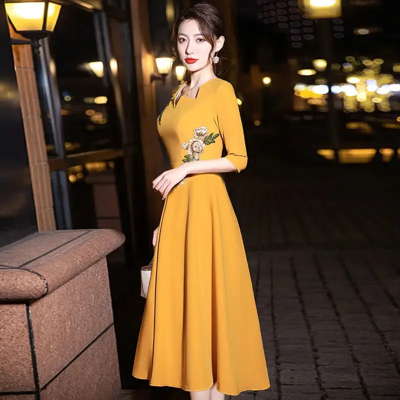 Elegant Embroidery Solid Dresses Vintage Reunion Women's Clothing Graphic Square Collar Spring Summer Thin Knee Skirts Skinny