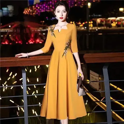 Elegant Embroidery Solid Dresses Vintage Reunion Women's Clothing Graphic Square Collar Spring Summer Thin Knee Skirts Skinny