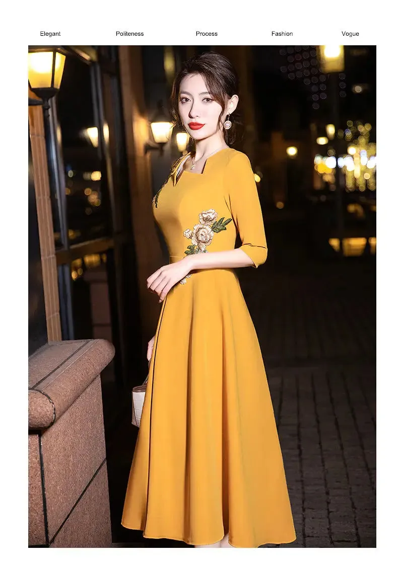 Elegant Embroidery Solid Dresses Vintage Reunion Women's Clothing Graphic Square Collar Spring Summer Thin Knee Skirts Skinny