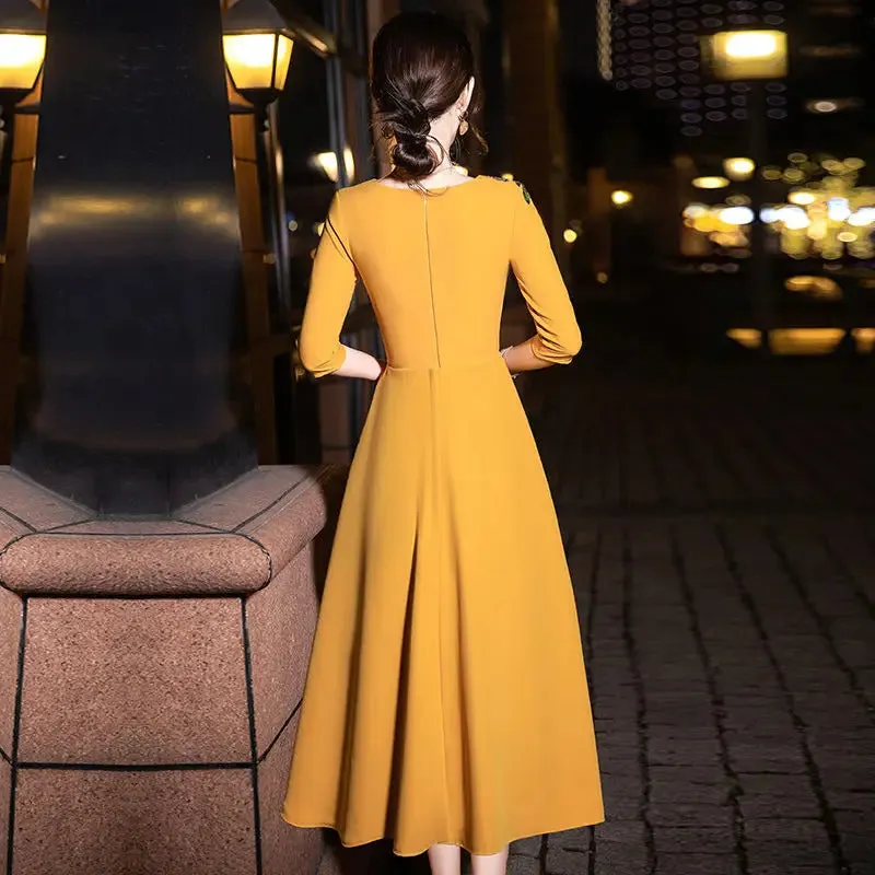 Elegant Embroidery Solid Dresses Vintage Reunion Women's Clothing Graphic Square Collar Spring Summer Thin Knee Skirts Skinny