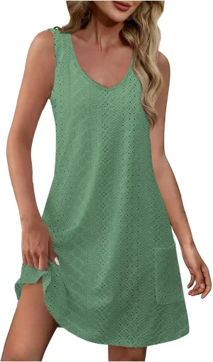 Eyelet Dress for Women 2025 Casual Sleeveless V Neck Solid Color Mini Sundress Trendy Boho Summer Dress with Pockets