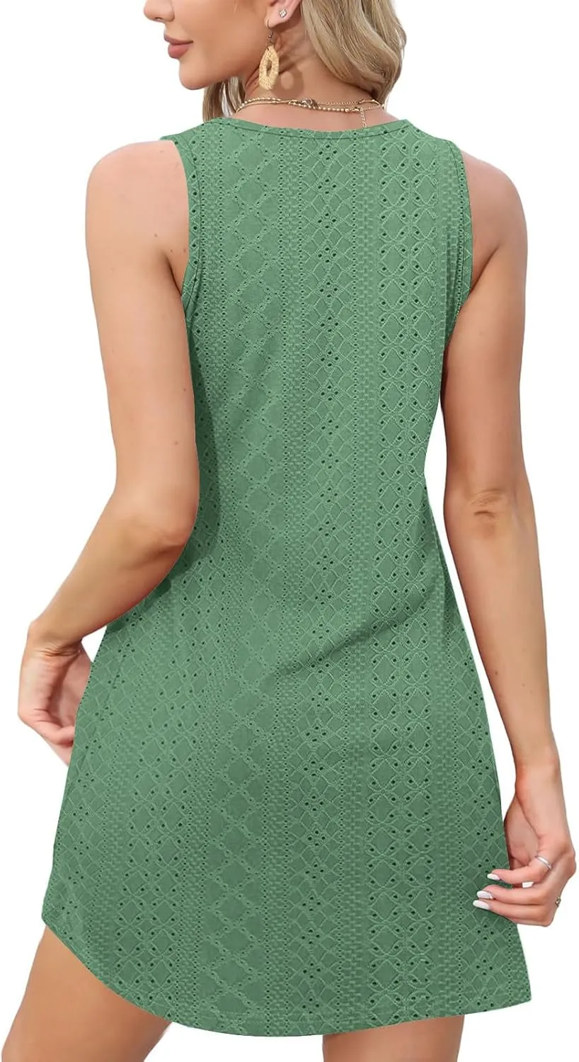 Eyelet Dress for Women 2025 Casual Sleeveless V Neck Solid Color Mini Sundress Trendy Boho Summer Dress with Pockets