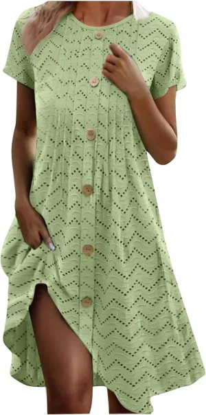 Eyelet Dresses for Women 2025 Summer Crew Neck Short Sleeve Mini Dress A Line Button Trim Pleated Casual Dresses