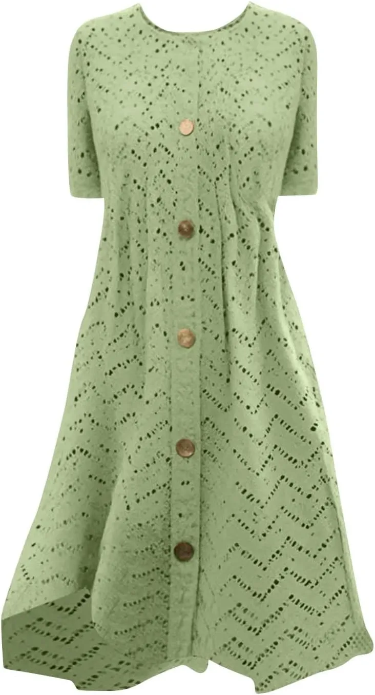 Eyelet Dresses for Women 2025 Summer Crew Neck Short Sleeve Mini Dress A Line Button Trim Pleated Casual Dresses