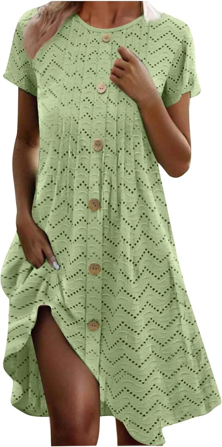 Eyelet Dresses for Women 2025 Summer Crew Neck Short Sleeve Mini Dress A Line Button Trim Pleated Casual Dresses