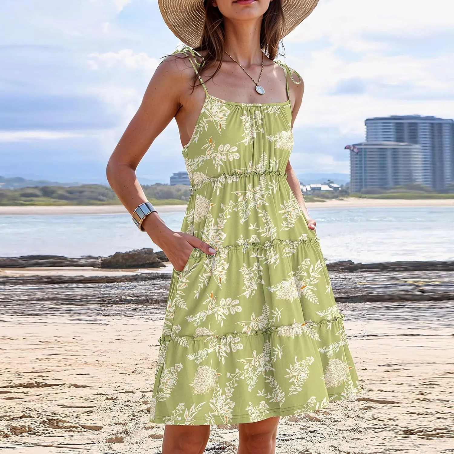 Floral Mini Dresses for Women Tiered Ruffle Spaghetti Strap Short Skater Dress 2025 Summer Flowy Boho Beach Sundress