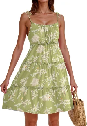 Floral Mini Dresses for Women Tiered Ruffle Spaghetti Strap Short Skater Dress 2025 Summer Flowy Boho Beach Sundress