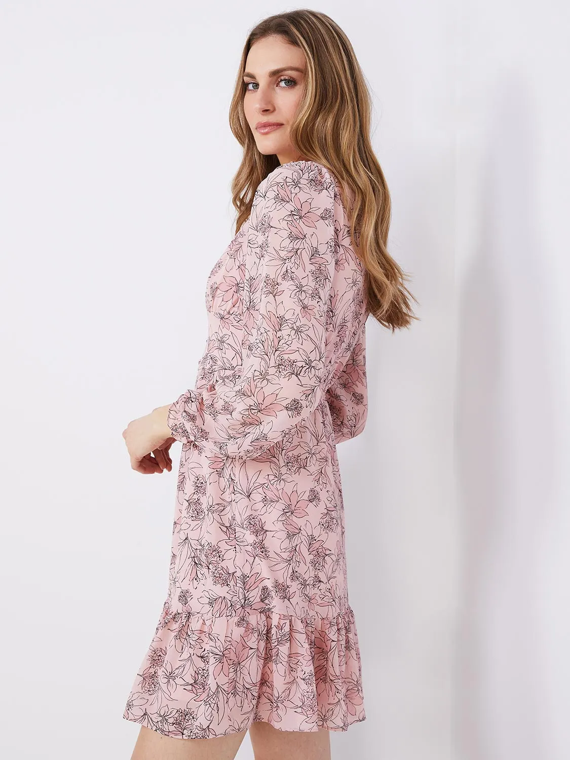 Floral Print V-Neck Dress With Waist Detail