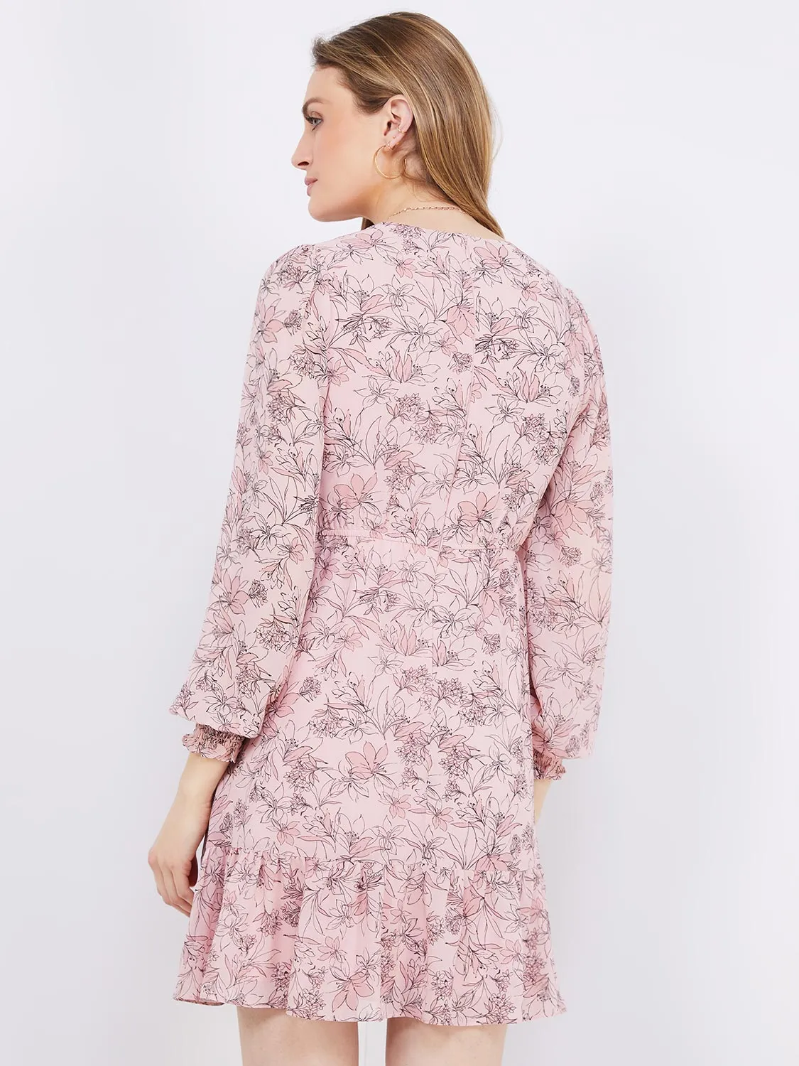 Floral Print V-Neck Dress With Waist Detail