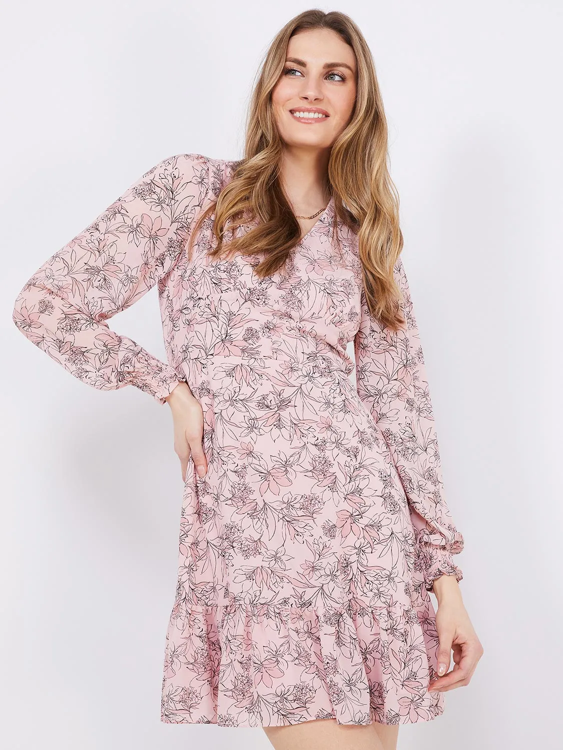 Floral Print V-Neck Dress With Waist Detail