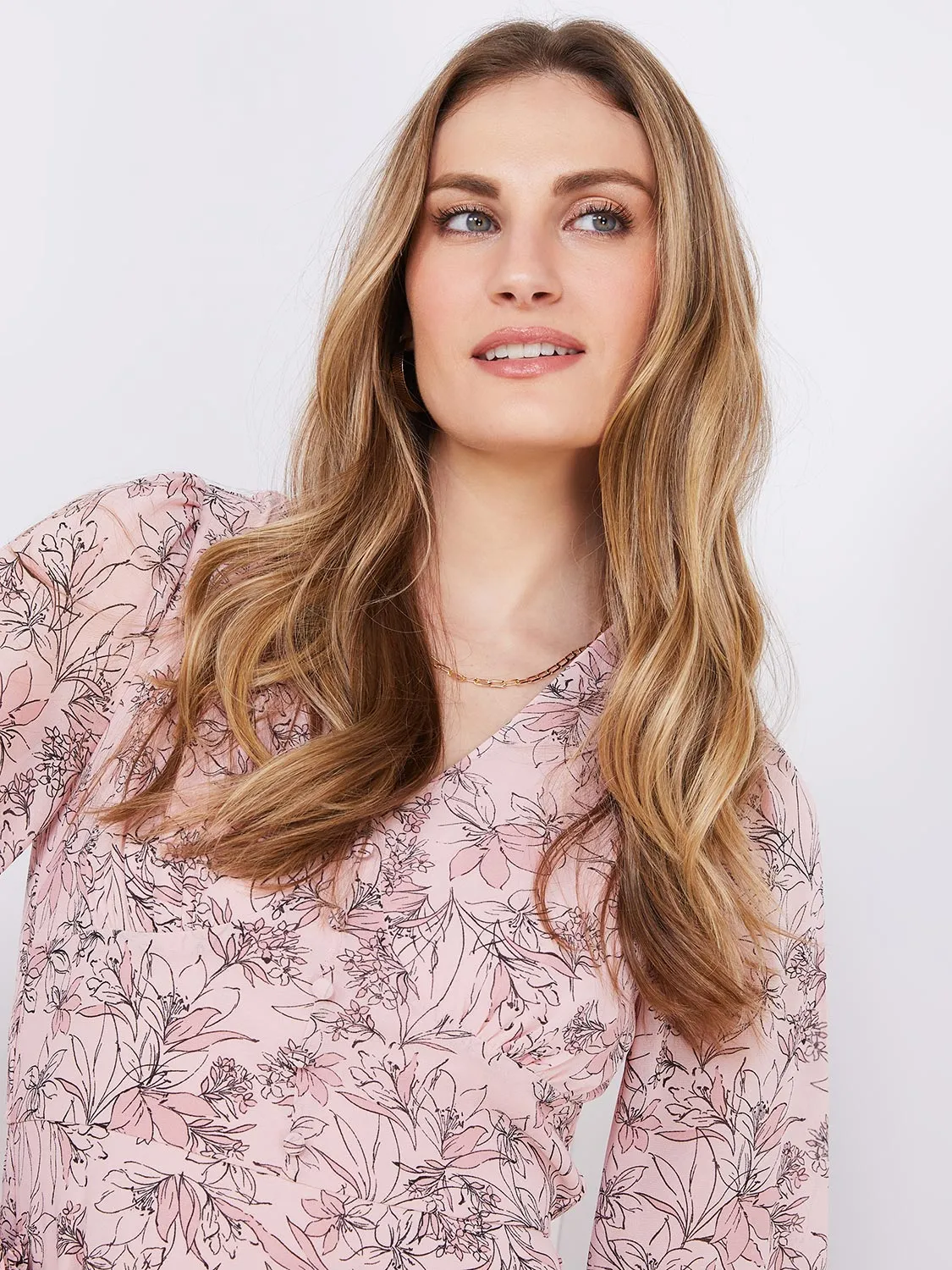 Floral Print V-Neck Dress With Waist Detail