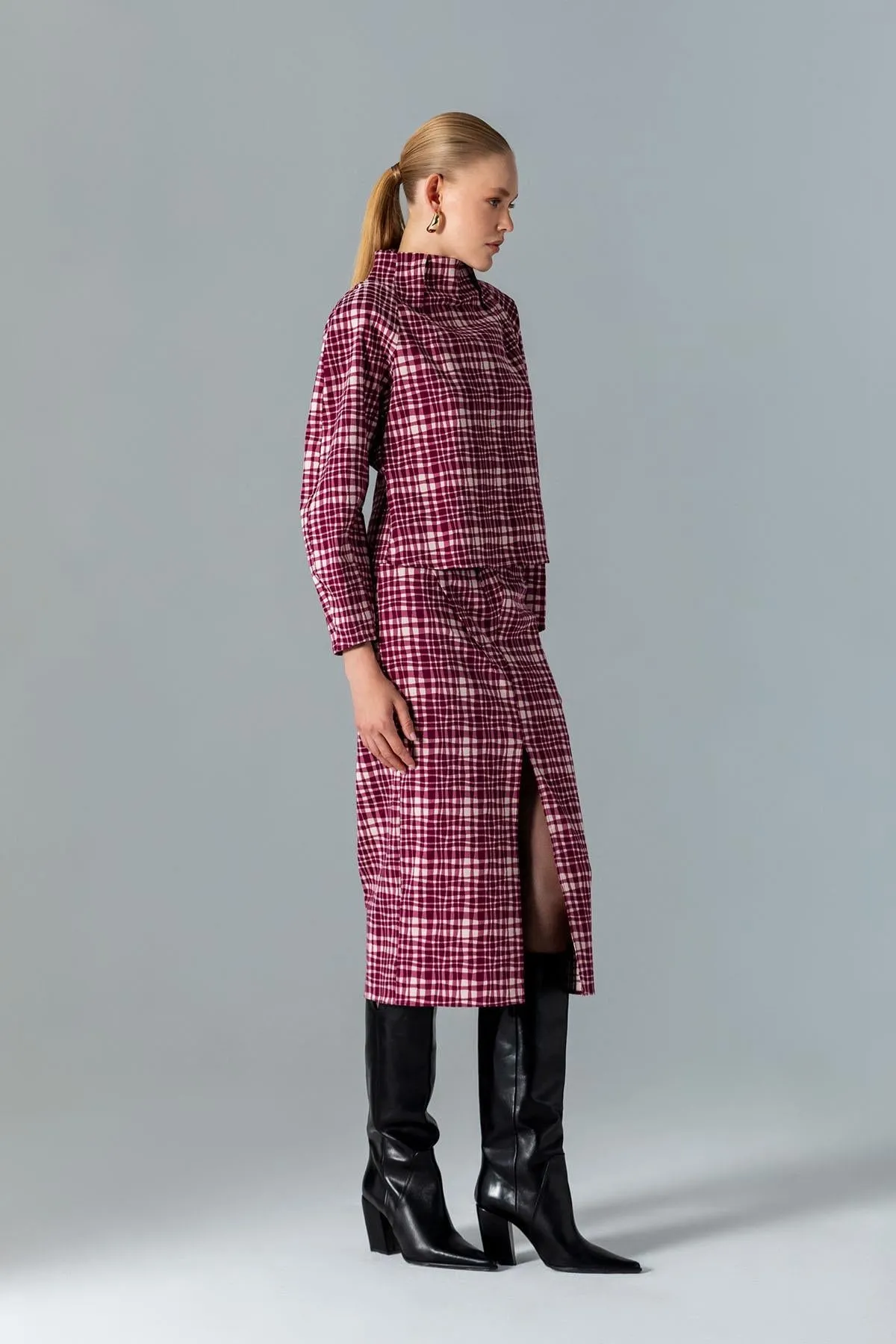 Gingham Pattern Stand Collar Blouse Cherry
