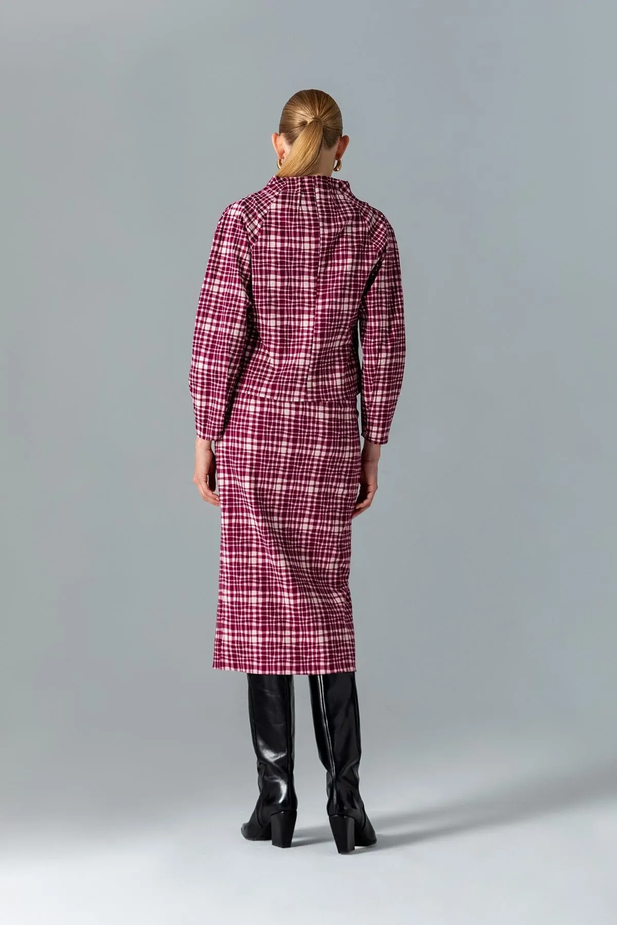 Gingham Pattern Stand Collar Blouse Cherry